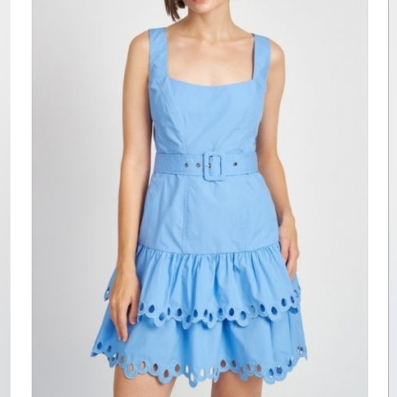 En Saison Crista Blue Eyelet Lace Ruffle Tiered Mini Dress Cotton Anthropologie - Picture 1 of 10